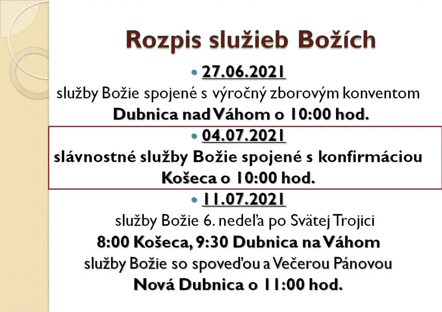 Rozpis služieb Božích 27.6. - 11.7.2021