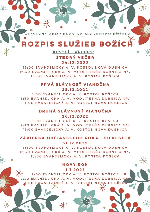 Rozpis bohoslužieb Vianoce